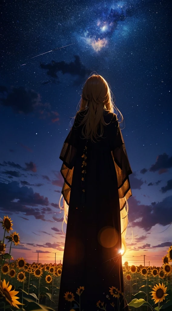 １people々々々々々々々,Blonde long-haired woman，Long coat， Dress Silhouette， Rear View，Space Sky,　Sunflower flowers，Sunflower field，