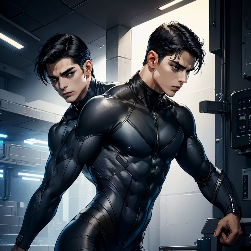 man, masculine man, muscular man, black hair, short hair, black mask, futuristic clothes, tight suit, navy suit, military suit