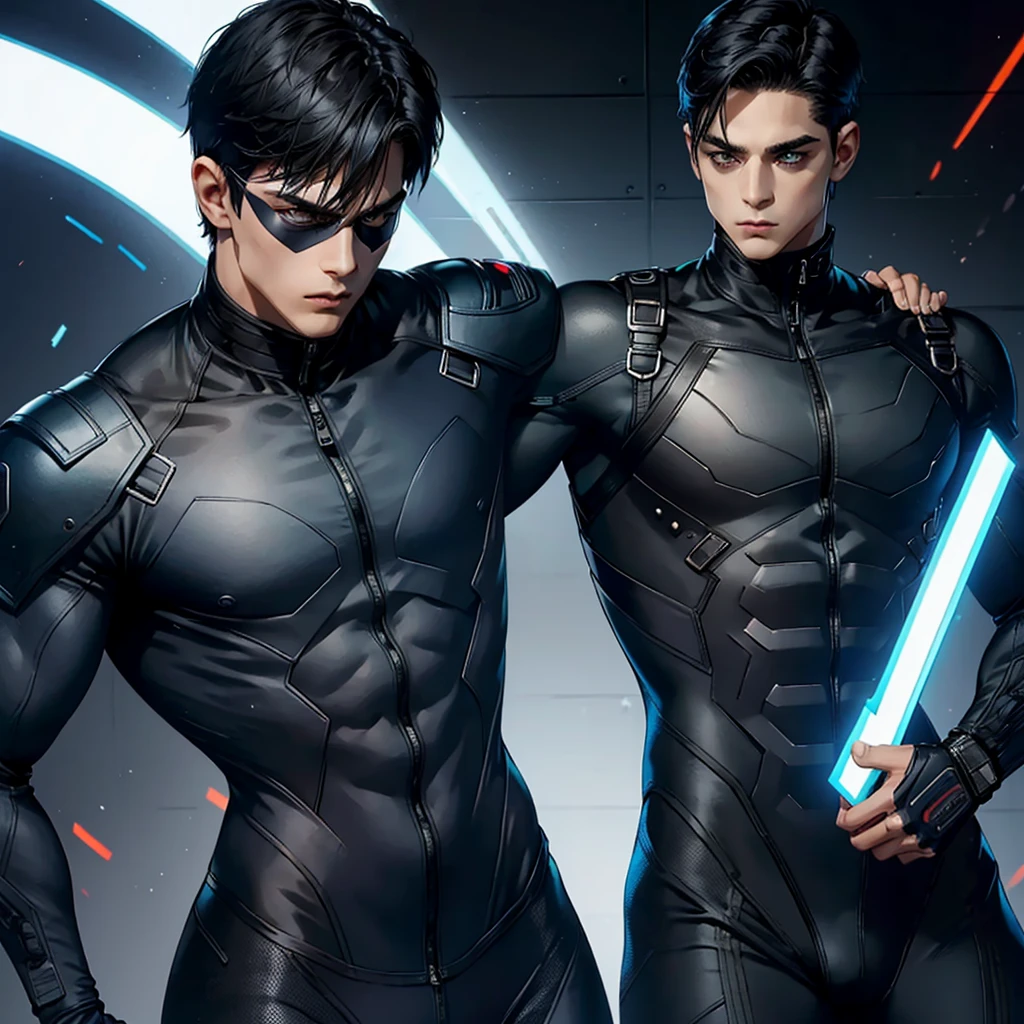 man, masculine man, muscular man, black hair, short hair, black mask, futuristic clothes, tight suit, navy suit, military suit