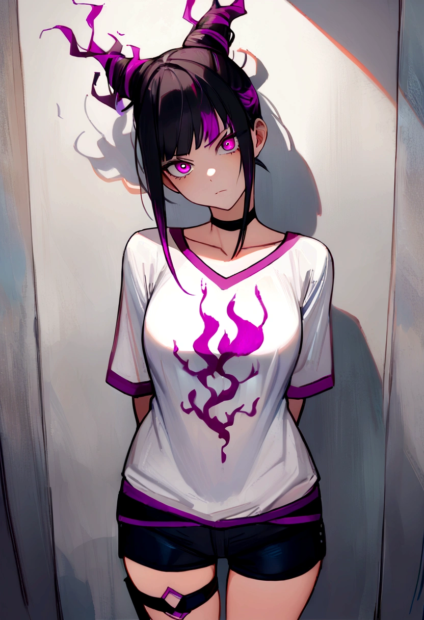 Juri Han,work of art, best qualityer, 1 girl, report, top cut, shorts jeans, choker, (graffit:1.does not splash, (hands behind the back), Against a Wall, looking a viewer, Um bracelete, thigh strap, Paint on the body, head tilt, bored, fiery hair color, Rainbow eyes,Juri Han,yandere face,brava,Looking at Viewer, serious, vred), face detailed,glowing purple eyes

