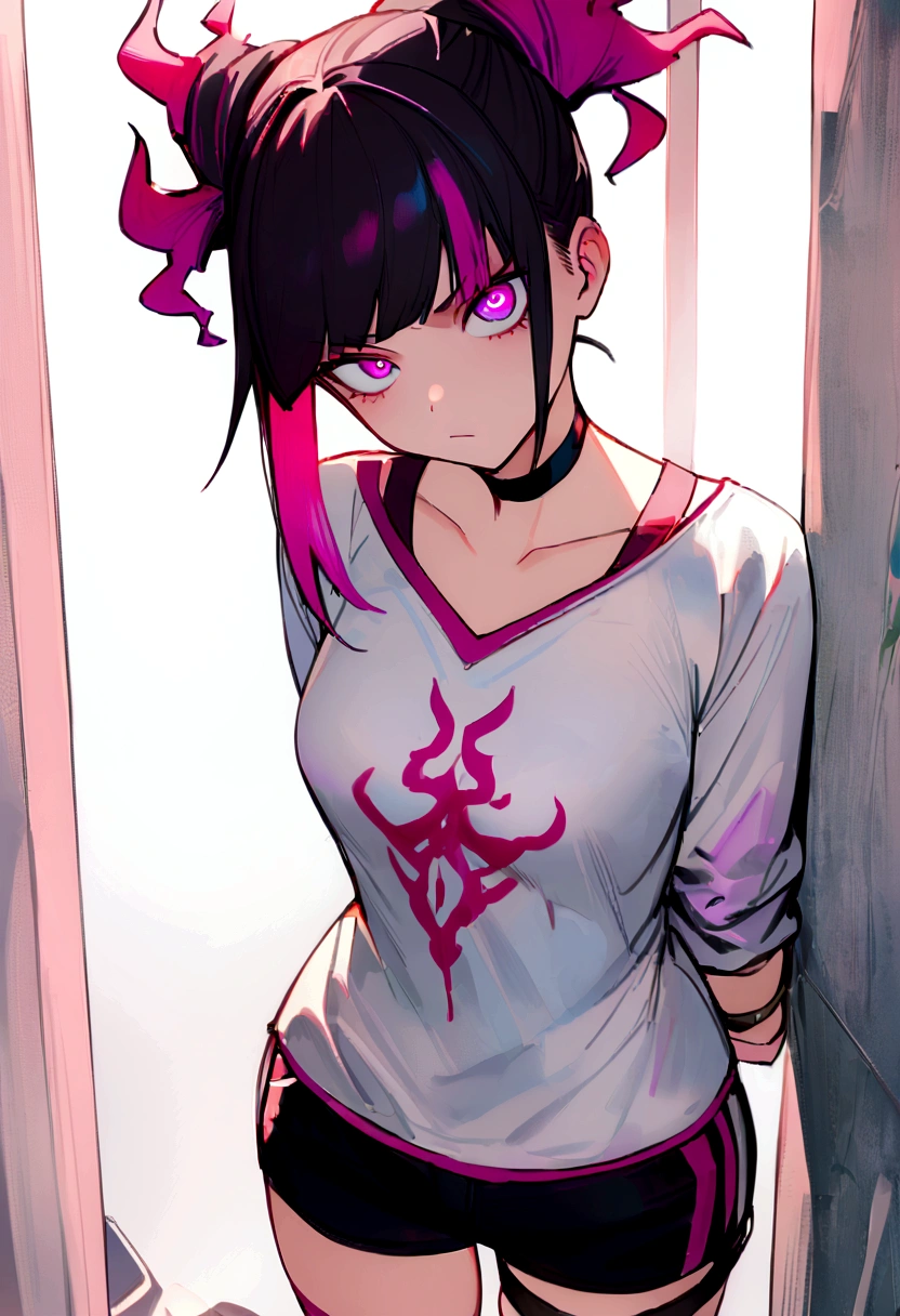 Juri Han,work of art, best qualityer, 1 girl, report, top cut, shorts jeans, choker, (graffit:1.does not splash, (hands behind the back), Against a Wall, looking a viewer, Um bracelete, thigh strap, Paint on the body, head tilt, bored, fiery hair color, Rainbow eyes,Juri Han,yandere face,brava,Looking at Viewer, serious, vred), face detailed,glowing purple eyes
