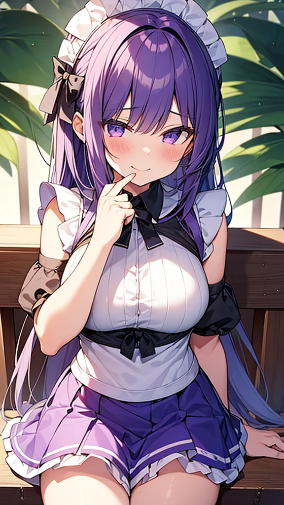 最high quality, high quality, Super detailed, 16K, Ultra-detailed details, pretty girl, alone, beautiful purple hair, Beautiful purple eyes, Big Breasts, A light smile, Summer clothes, Summer Maid clothes, I'm lifting my skirt, Blue and white color ed underwear(Bikini swimsuit under skirt), My crotch is wet with love juice, {{A succubus who steals the face skin and maid uniform from the girl she likes and plays pranks on her、I'm wearing a maid outfit while pretending to be the girl I like.}}, Full body image, NSFW