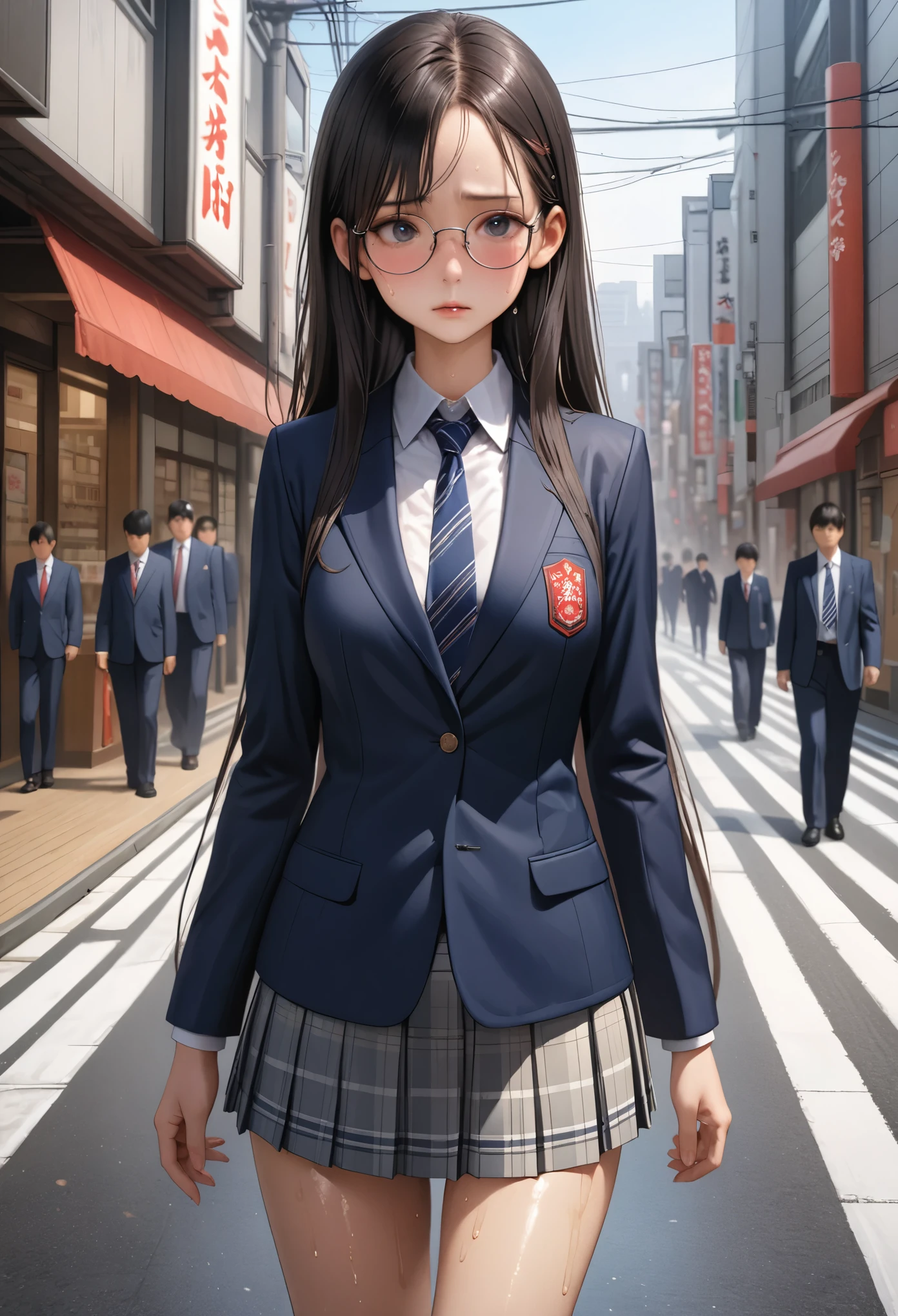 ((masterpiece,Highest quality:1.3,best illustration,realistic)),cowboy shot,1woman、独奏,25 year old Japanese beauty,((very small head:1.3)),center parted bangs,forehead,black hair,long hair,black eyes,gorgeous eyes,Black-rimmed glasses,blush,shy,medium breasts,((very long body:1.3)),((toned body,slender body,skinny)),gleaming skin,shiny skin,oily skin,sweat,(School uniform、Dark blue blazer jacket、Navy blue tie、Grey plaid pleated mini skirt),on street,Tokyo、