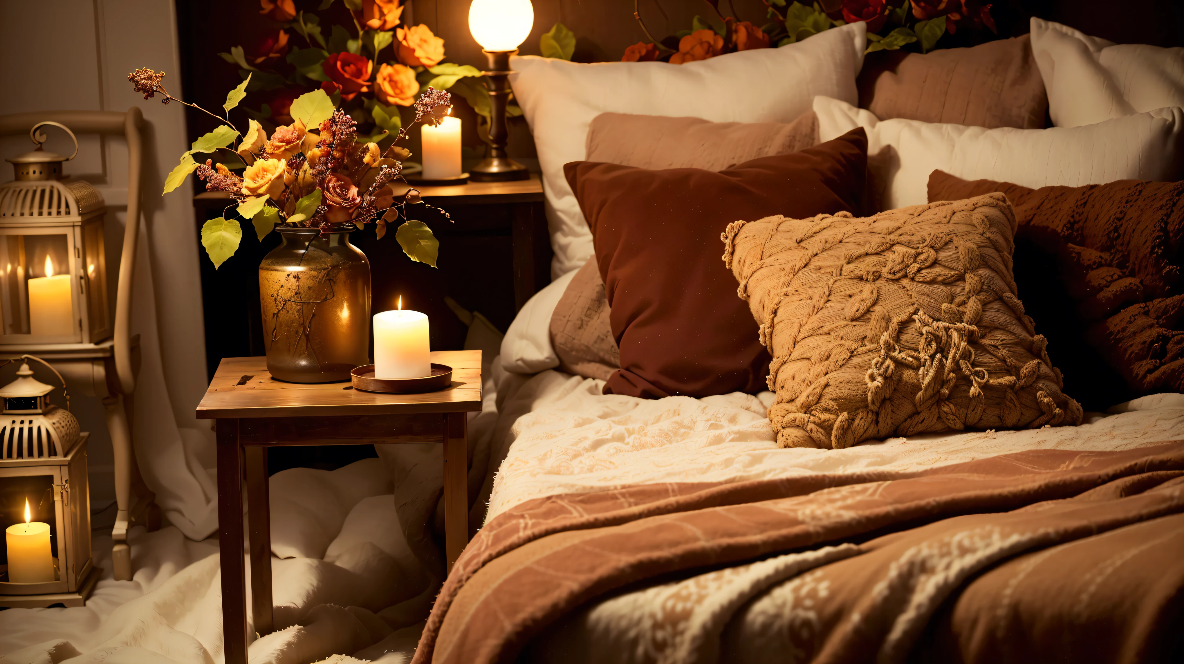 There are many candles on the bed with a brown blanket., Warm and cozy colors, Cozy candlelight, Cozy atmosphere, Cozy atmosphere, Cozy and quiet atmosphere, Cozy atmosphere, Pleasant atmosphere, Cozy atmosphere, Cozy atmosphere, Cozy and calm, Comfortable bed, Pleasant atmosphere, Cozy place, Cozy home background, pleasant Cozy atmosphere, Cozy environment, Designed for comfortable beauty!