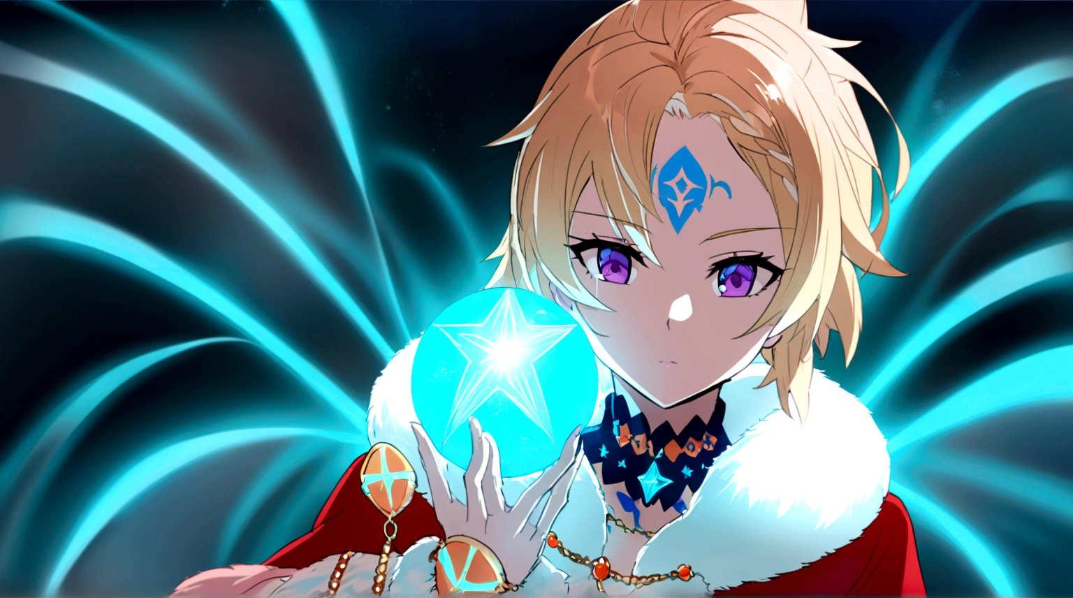 A blonde woman in anime style with short blonde hair and purple eyes. on her forehead is a tattoo of a blue star with 6 points. she is a human and wears a red cloak with a large white fur collar on which lies a golden chain. she is a magician and holds a magic ball of time in her hand.