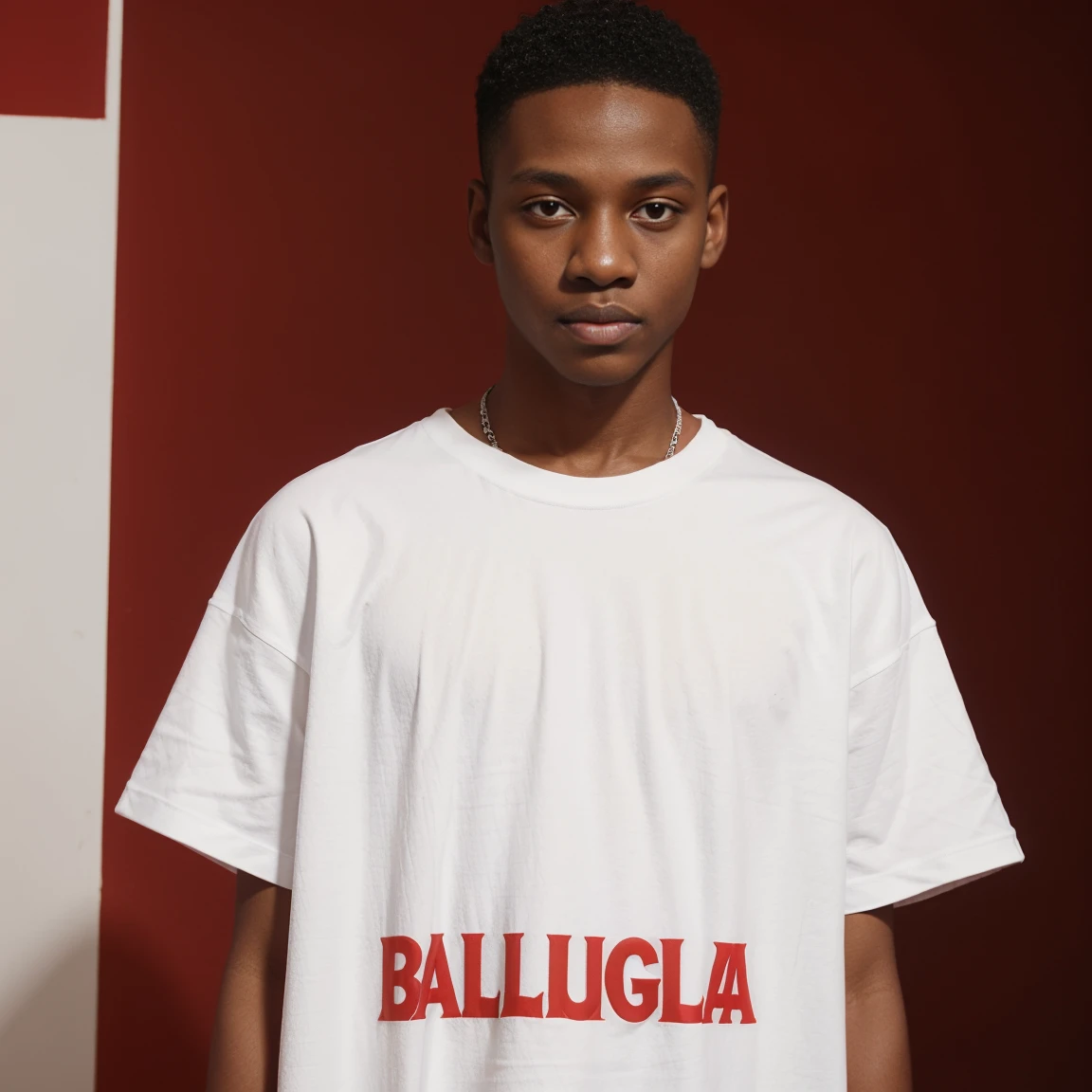 white oversize t-shirt,10year old, black man,all  red color background,balenciaga concept fashion photo, Paris