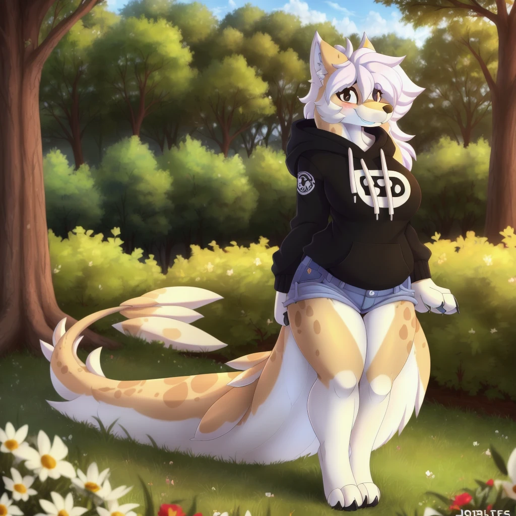 Female, solo, wolf, fluffly, furry, (average breasts), (curvy), (black hoodie), (jorts), accurate tail, slight blush, mature, smiling, happy, beautiful, highly detailed, high resolution, detailed eyes, detailed hands, detailed background, masterpiece, coxas grossas, pelos detalhados