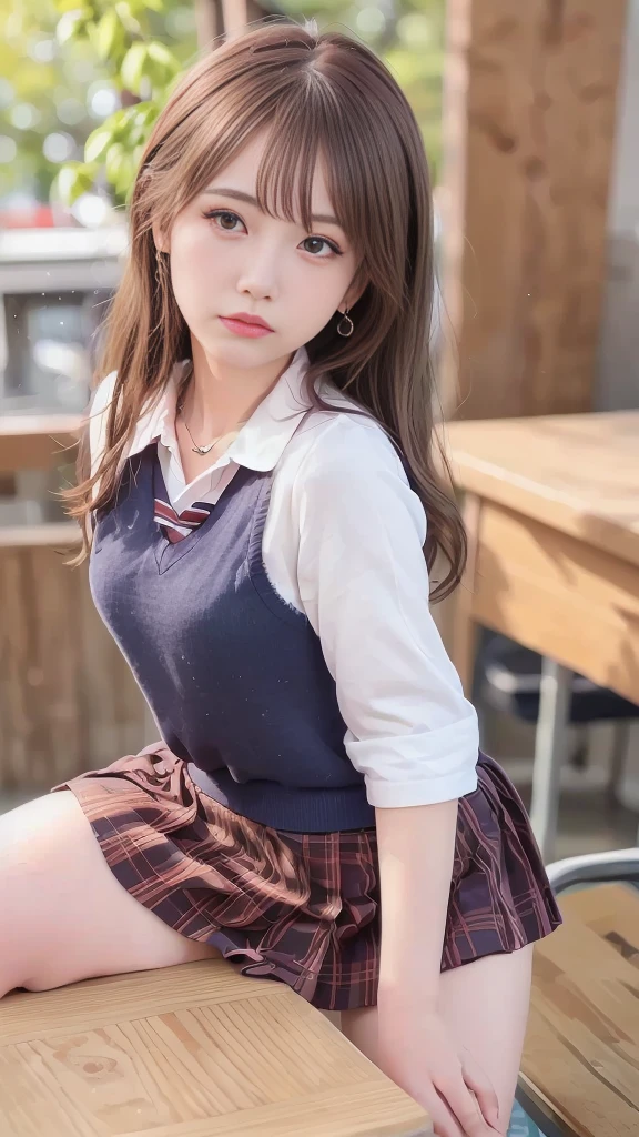 1girl,(gyaru:1.4),medium hair,beautiful girl,(large breasts:0.8),small face,(dark taned skin:1.3),(gyaru makeup:1.3),(necklace:1.1),earrings,melancholy snapshot-like photo taken by a professional,
friendly charming student girl,
(detailed cute girly navy school uniform:1.3),
(in wooden classroom:1.2),(window, wooden desk, wooden chair:1.2),(bokeh:1.3),innocent feeling,serious feeling,
(dynamic pose:1.2),(dynamic angle:1.1),from side,
(full body:1.4),(model posing:1.2),(talking to viewer:1.3),(standing:1.3),
melancholic facial expression,grin,(absurdres:1.3),(ultra detailed photograph:1.5),(detailed face and skin:1.3),(ultra high res:1.5),(photorealistic:1.5),hyperrealistic photography,best quality,symmetric clear eyes,well-groomed face,(ray tracing:1.3),(natural and smooth moist skin texture:1.5),