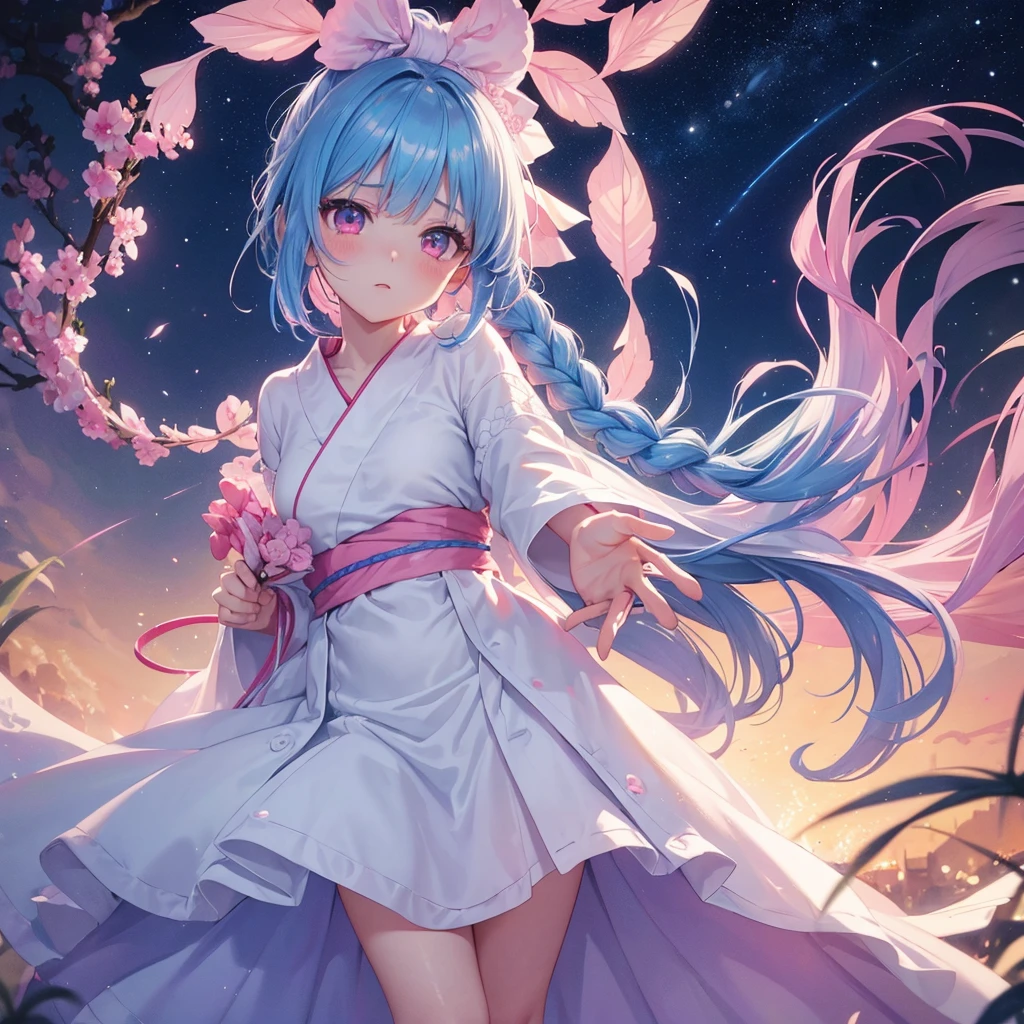 Sky blue hair, (One braided ponytail),(Pink Eyes),Fair skin ,(whole body),(One girl),White yukata,Tanabata,(The Milky Way in the night sky),Hollow Eyes,Blushing,Straight bangs,,Wedding dress,(masterpiece, Highest quality, Very detailed, Best Shadow), (Detailed Background), (Beautifully detailed face), High Contrast, (Best lighting, Very delicate and beautiful), ((Cinematic Light)), colorful, Hyper Detail, Dramatic Light, Intricate details,Reaching out,