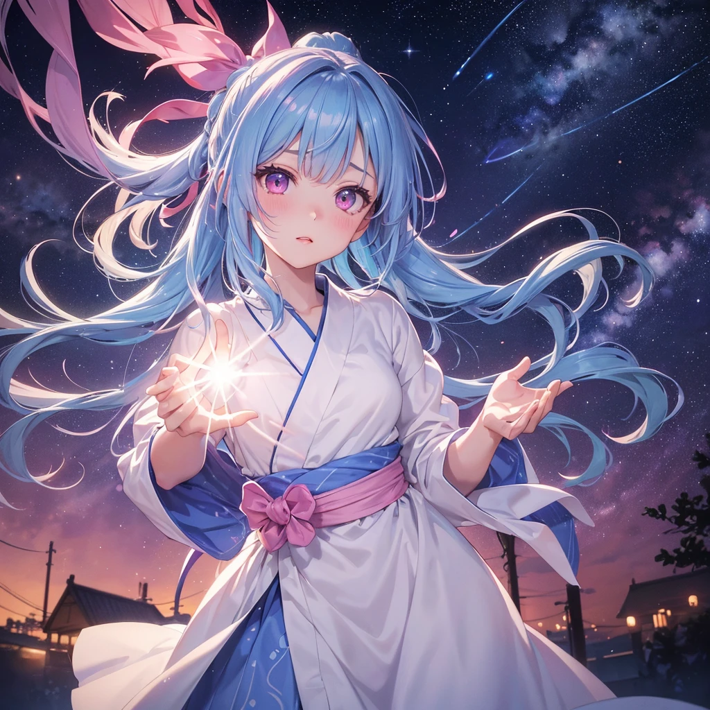 Sky blue hair, (One braided ponytail),(Pink Eyes),Fair skin ,(whole body),(One girl),White yukata,Tanabata,(The Milky Way in the night sky),Hollow Eyes,Blushing,Straight bangs,,Wedding dress,(masterpiece, Highest quality, Very detailed, Best Shadow), (Detailed Background), (Beautifully detailed face), High Contrast, (Best lighting, Very delicate and beautiful), ((Cinematic Light)), colorful, Hyper Detail, Dramatic Light, Intricate details,Reaching out,