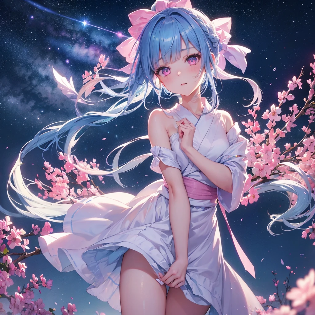 Sky blue hair, (One braided ponytail),(Pink Eyes),Fair skin ,(whole body),(One girl),White yukata,Tanabata,(The Milky Way in the night sky),Hollow Eyes,Blushing,Straight bangs,,Wedding dress,(masterpiece, Highest quality, Very detailed, Best Shadow), (Detailed Background), (Beautifully detailed face), High Contrast, (Best lighting, Very delicate and beautiful), ((Cinematic Light)), colorful, Hyper Detail, Dramatic Light, Intricate details,Reaching out,