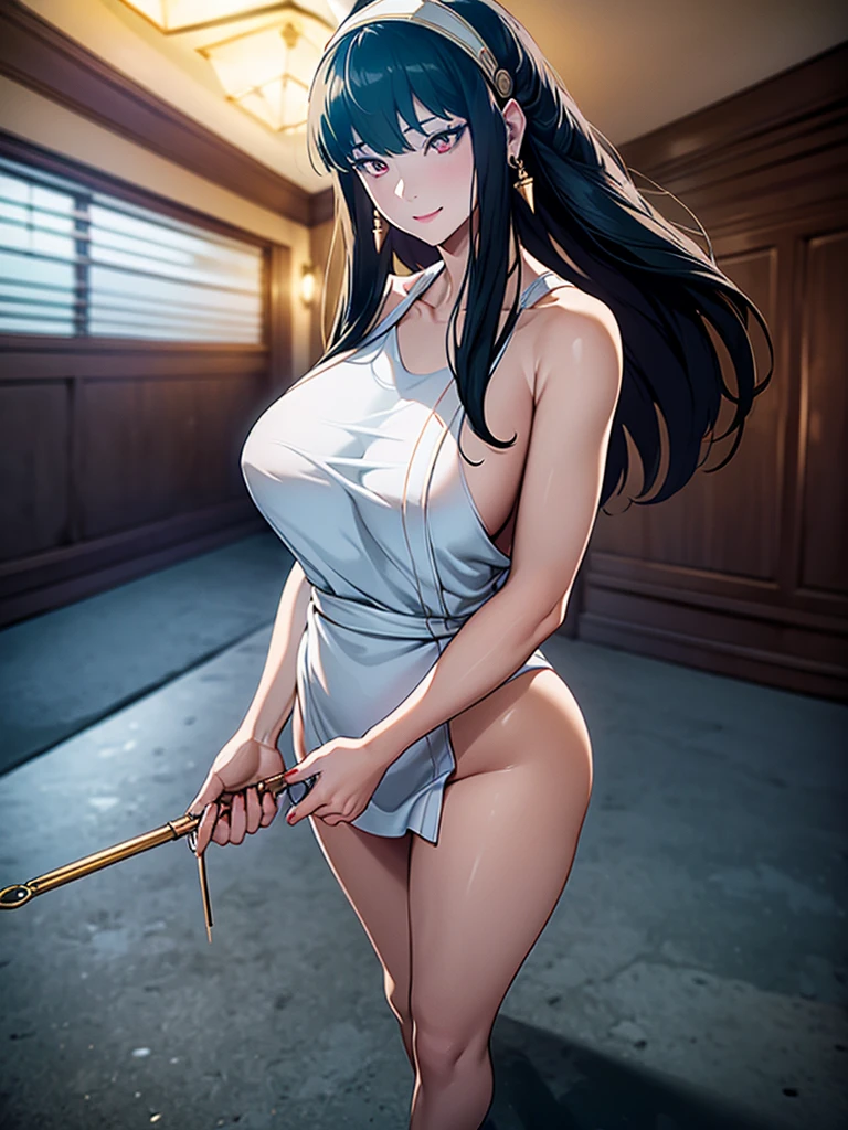 (8k, RAW photos, top quality, masterpiece: 1.2), (realistic, photorealistic: 1.37), (High Quality), (Ultra realistic), (High Details), (Face detail), (Shadow Detail), (Big breast : 1.3), 1 girl, (Mature Female), MILF, solo, Red eyes, Black hair, Gold earrings, Long hair, White Headband, Pink Lips, Blush, (Ultra Face Detailed),white cooking apron, Long Legs, (Wide Hips), Candid, Yor forger, Anime, (Hand detailed), Fingers Detailed, full body, looking at camera, smiling, standing, front view