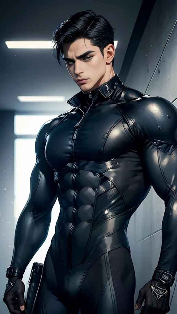 man, masculine man, muscular man, black hair, short hair, black mask, futuristic clothes, tight suit, navy suit, military suit
