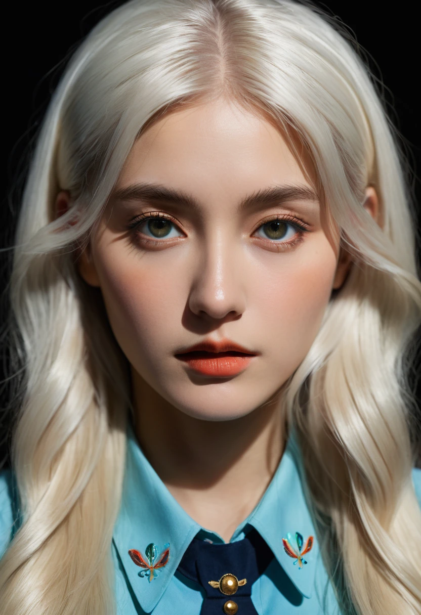 (Front focus),(in the darkness:1.6), Surrealist Portraits of Women by David Hockney and Alphonse Mucha,Fantasy Art, Photo-realistic, Dynamic Lighting, Art Station, poster, Volumetric Lighting, Very detailed face, 4K, The award-winning,, 1 Girl, in the darkness, Deep Shadows, Low profile,Cowboy shooting,(Official uniform:1.4) ,Long hair,White hair,