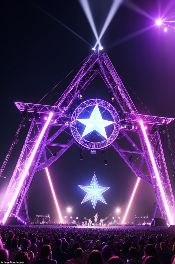 a Coachella stage with a giant star in the background, on the screens next to the star appears the name "STARGIRLZ" the light that the show transmits is purple, above the giant star there is a floating crown
