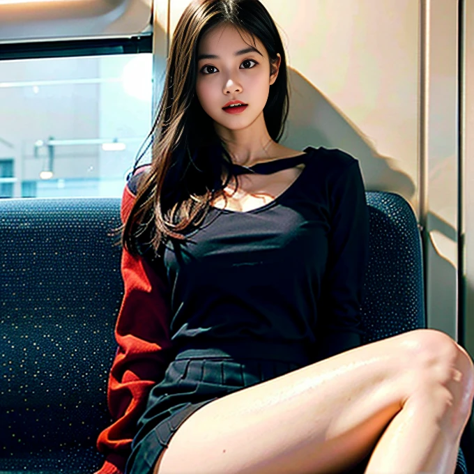 (Tabletop, high quality, 超high quality, 4K)Black-haired、27-year-old Japanese woman、1 Female 2.0、 uniform, uniform skirts、Accentuate your thighs、White knee-highs,Soft thighs、Glossy thighs、Sitting on a train、Facing angle,(Angle from below),sitting in a train seat,Sit in the front,Zoom camera on crotch,My feet are on the train floor,Esbian all over,Looking down and sleepy,View only viewers, 最high quality, 超High resolution, (Realistic:1.4),, High resolution, detailed, RAW Photos, sharp, Nikon D850 film stock photo by Lee Jefferies 4 Kodak Portra 400 camera F1.6 Lenses、Rich colors、Ultra-realistic and lifelike textures、Dramatic lighting、Unreal Engine、Art Station Trends、Cinestar 800,