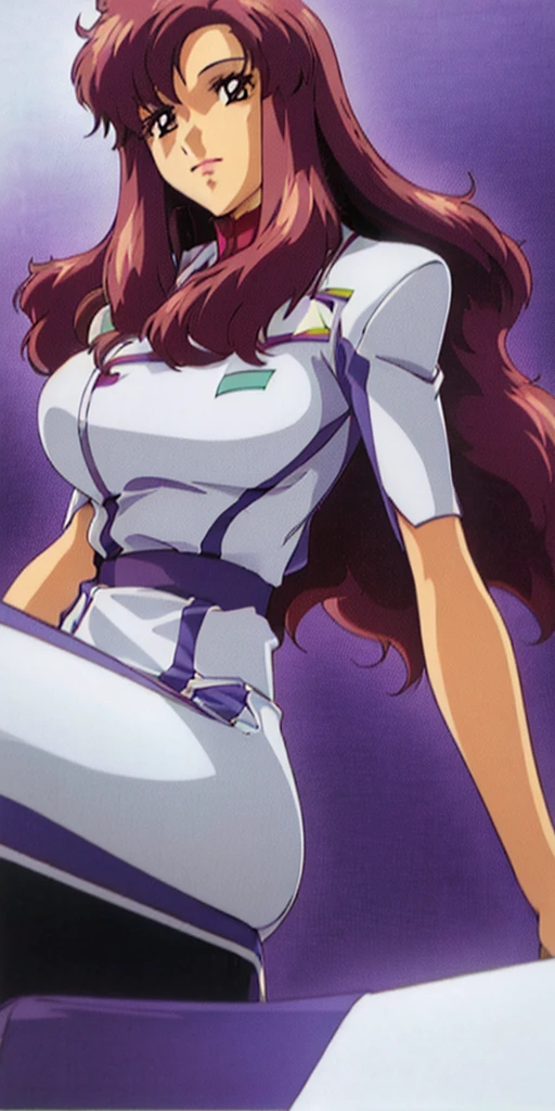 1980s \(style\),masterpiece, Highest quality, High resolution, anime, Lacus 1, One girl, alone, Pink Hair, Straight hair, hair ornaments, White sleeves, blue eyes, White Dress, Purple Skirt, Long skirt, Very long hair, Bare shoulders, Large Breasts, smile, Gundam, On the floor,retro artstyle,