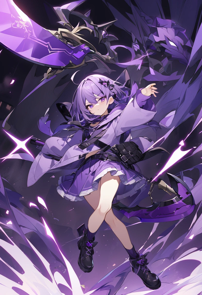 Keito。Purple Eyes。Purple Hair。Purple Skirt。Black shoes下。Black shoes。Purple hoodie。Purple big axe