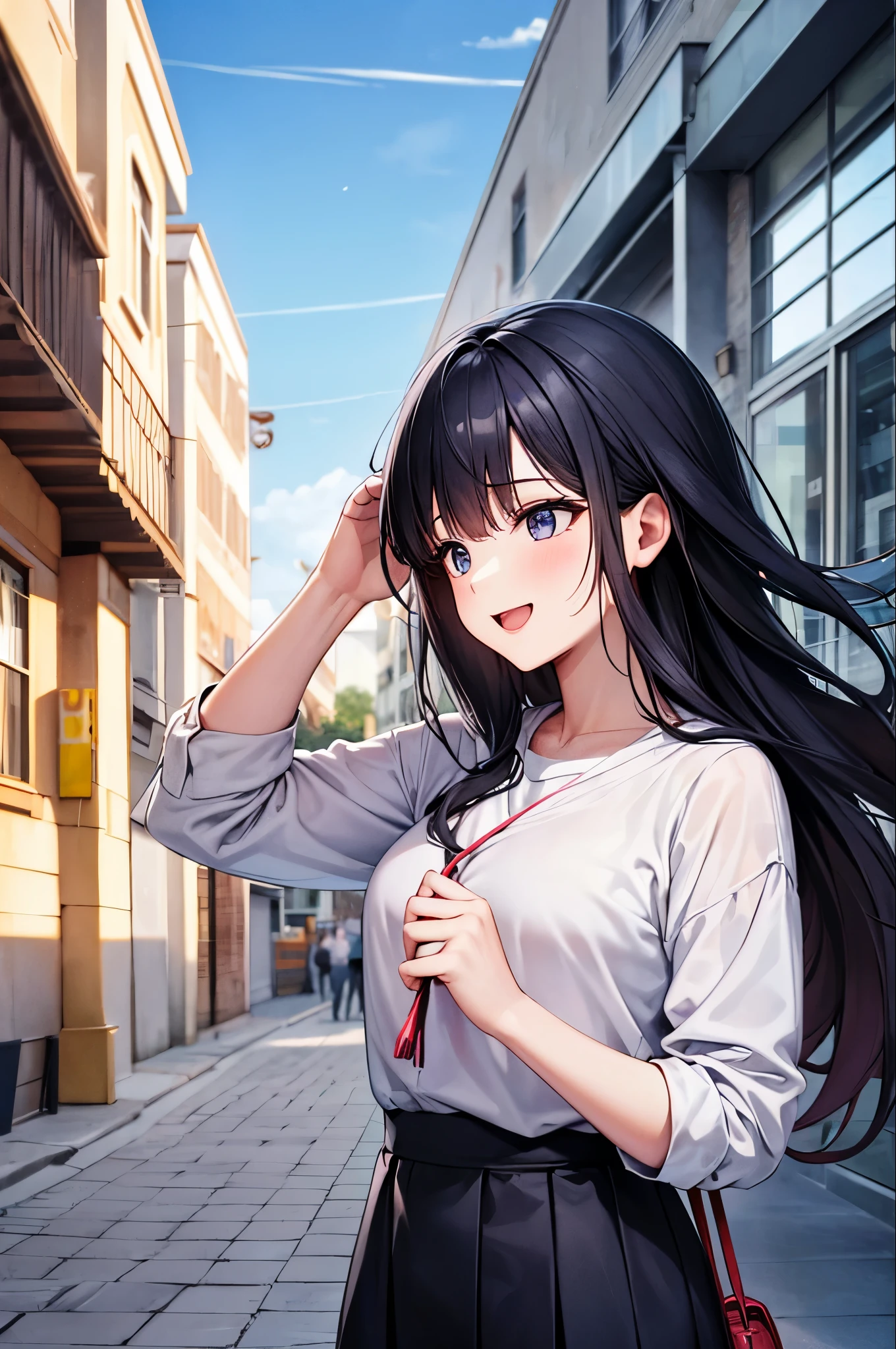 masterpiece, anime, cute, Highest quality, mature, Adult, Casual clothing, Long sleeve, smile, Happy, like, Swirling Wind, blue sky, Black-haired woman, Woman with long hair, city, waterfall