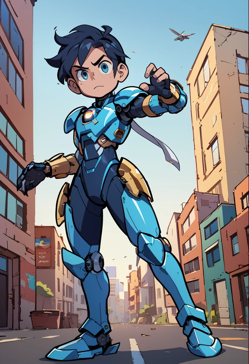 Detailed cartoon image of a young man in blue and gold armor, boy with mecha cybernetic armor, boy in armor, nanoboy, Hero 2d Fanart Artsation, cyber fight armor, megaman, epic comic book style, cyborg, anime boy from the future, lindo garoto cyborg, cyber suit, mecha suit, android hero