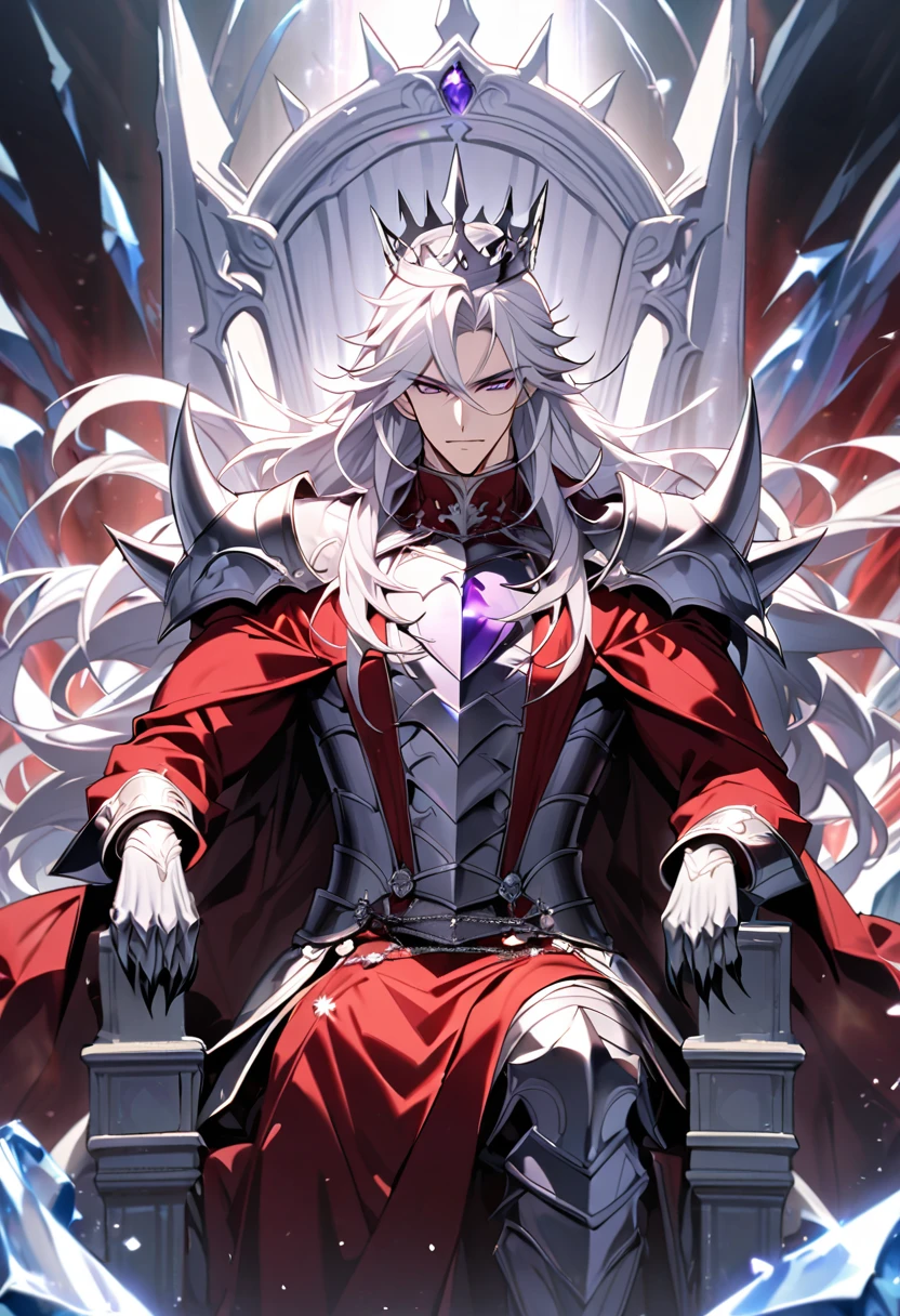 Handsome, A wolf demon with sharp claws, single, 1 male, long hair, white hair, purple eyes, warrior king outfit. Shining silver armor Red coat with white fur sitting on the throne An enormous power swirled like ice mixed with wind. There is a king's crown. There's a shiny sword holy sword