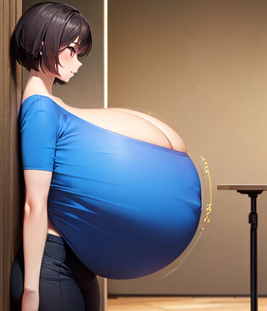 (8K, masterpiece, expensive, Ultra-fine illustrations:1.5), (Detailed Background), Perfect Anatomy, Single Shot, (1 person), (stand, From the side:2), (Black, Short Hair), (Blue jersey, No bra), (Top-heavy, bursting breasts, Huge breasts:1.5), Huge Ass, Support the chest, sneakers, Charm