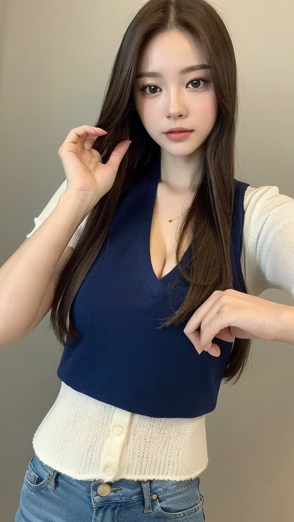 (lifelike, high resolution:1.3), 1 girl with a perfect figure, The face shape and eyes are super beautiful,Long hair, Random color vest:1.2, Short jeans, Big ,Showing cleavage