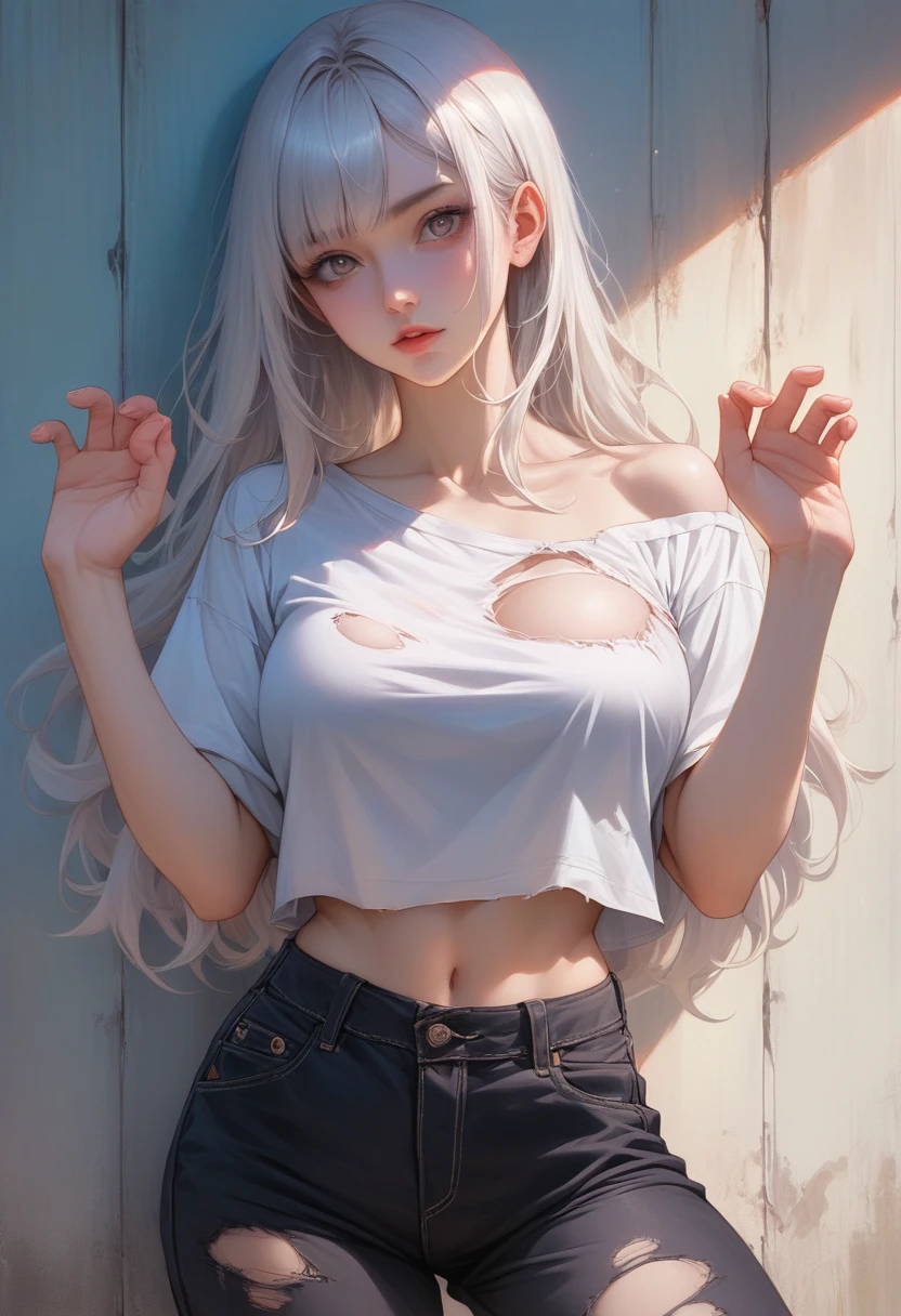 A realistic painting of a Japanese girl with ash-colored medium-long hair wearing a torn black and silver off-the-shoulder cropped jersey, a torn white cropped T-shirt, and torn silver and black short cargo pants, crossing a collapsing bridge、8K、RAW Photos、Highest quality、Real、Photorealistic、Professional Lighting、mix4、20d、Beautiful age Woman、1 female、Big beautiful eyes、Larger breasts、whole body、Thin body type、Bold Pose、Sexy pose