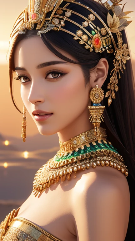 A regally dressed, a digitally photorealistic of a female beautiful egypt figure with a serene expression, suggesting composure and tranquility. Her head is adorned with an intricate headdress featuring mechanical elements and floral motifs, blending the organic with the technological, indicative of a science fiction or fantastical theme. The artwork showcases a high level of detail in shading and texture, contributing to a realistic portrayal of metallic ,medium long shot