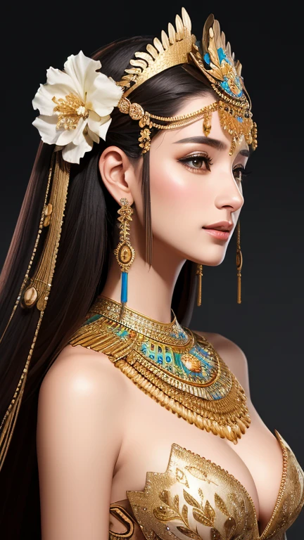 A regally dressed, a digitally photorealistic of a female beautiful egypt figure with a serene expression, suggesting composure and tranquility. Her head is adorned with an intricate headdress featuring mechanical elements and floral motifs, blending the organic with the technological, indicative of a science fiction or fantastical theme. The artwork showcases a high level of detail in shading and texture, contributing to a realistic portrayal of metallic ,medium long shot