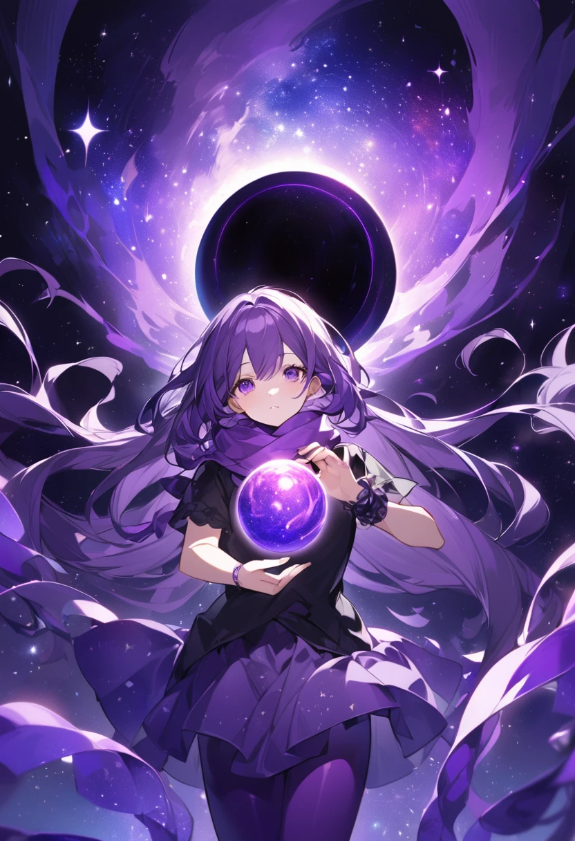 Extra long purple hair,Purple Eyes,The figure is very perfect,The body proportions are also very normal,Adult female aged 23,Wearing black and purple tights,A purple scarf on the wrist,And one hand holds a purple fire lotus,The other hand holds a purple-black hole,The background is purple, the universe and the starry sky