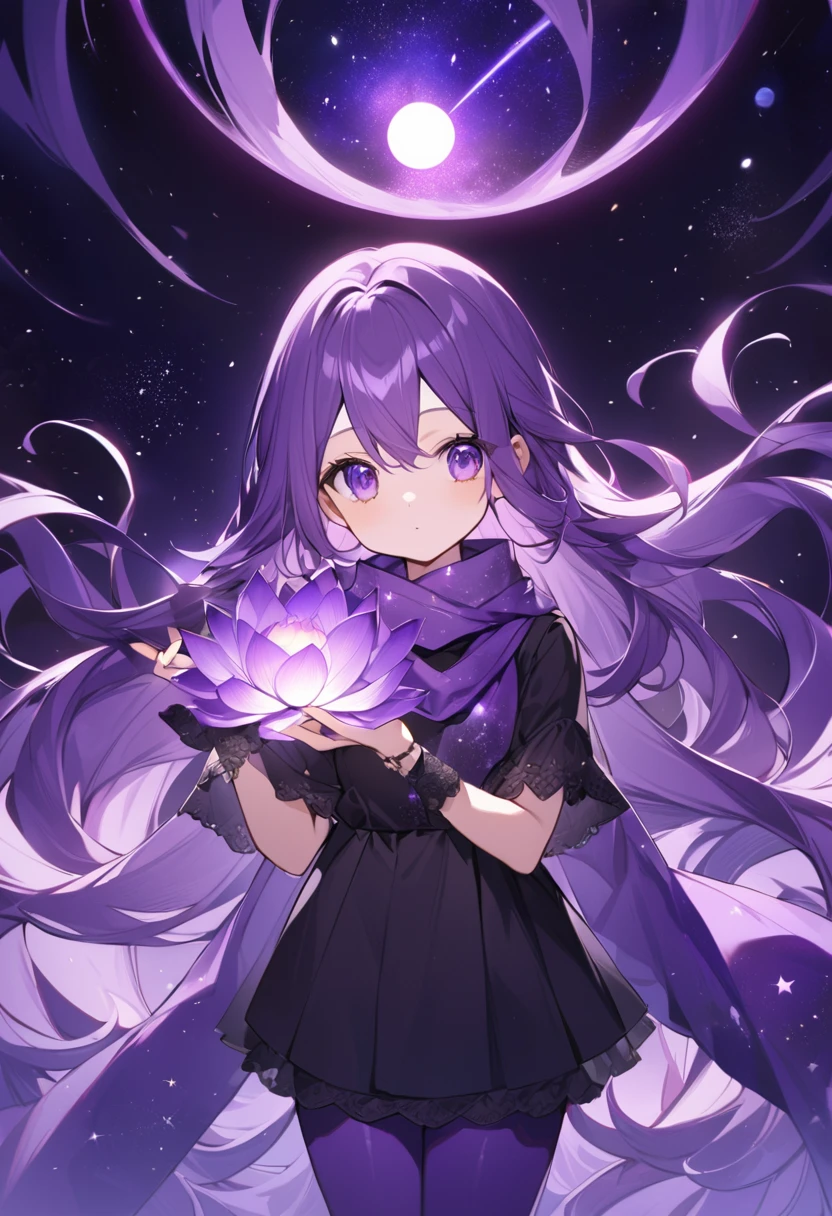Extra long purple hair，Purple Eyes，The figure is very perfect，The body proportions are also very normal，Adult female aged 23，Wearing black and purple tights，A purple scarf on the wrist，And one hand holds a purple fire lotus，The other hand holds a purple-black hole，The background is purple, the universe and the starry sky