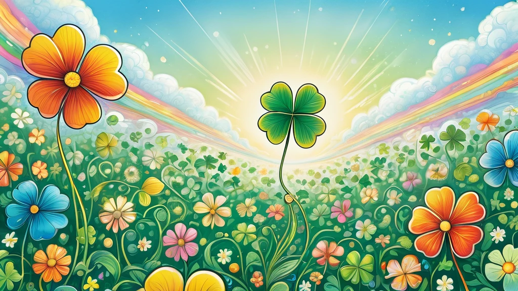 ((Close-up of a large four-leaf clover in the center))、blue sky、flower、looks happy,An illustration,pop,colorfulに,draw with thick lines,color,、Happy dreams,Warm and full of happiness,,colorful,Fancy,Fantasy,,Detailed explanation,fluffy,Randolph Caldecott Style