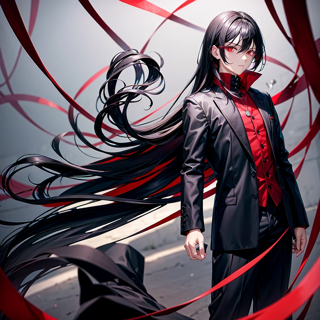 A man with medium length black hair and ruby red eyes wearing black clothes