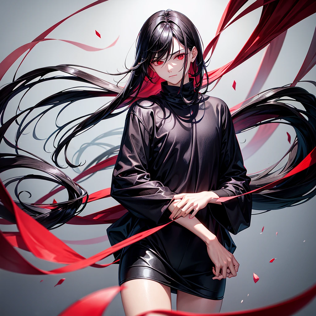 A man with medium length black hair and ruby red eyes wearing black clothes 