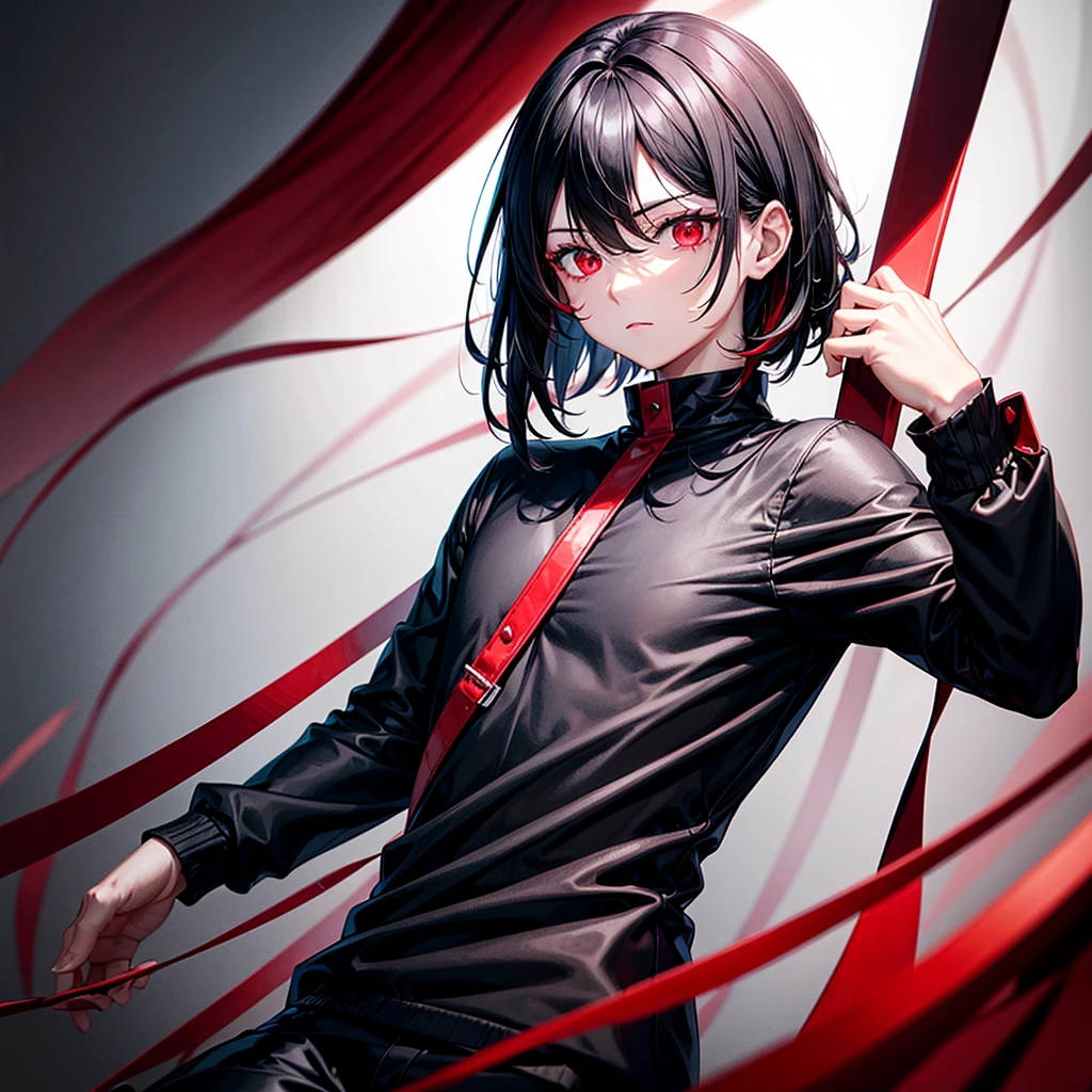 A man with medium length black hair and ruby red eyes wearing black clothes