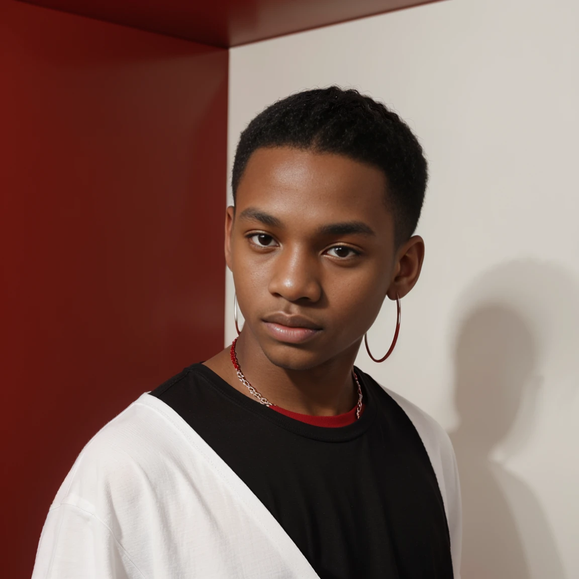 white oversize t-shirt,10year old, black man,all red color background,balenciaga concept fashion photo, Paris