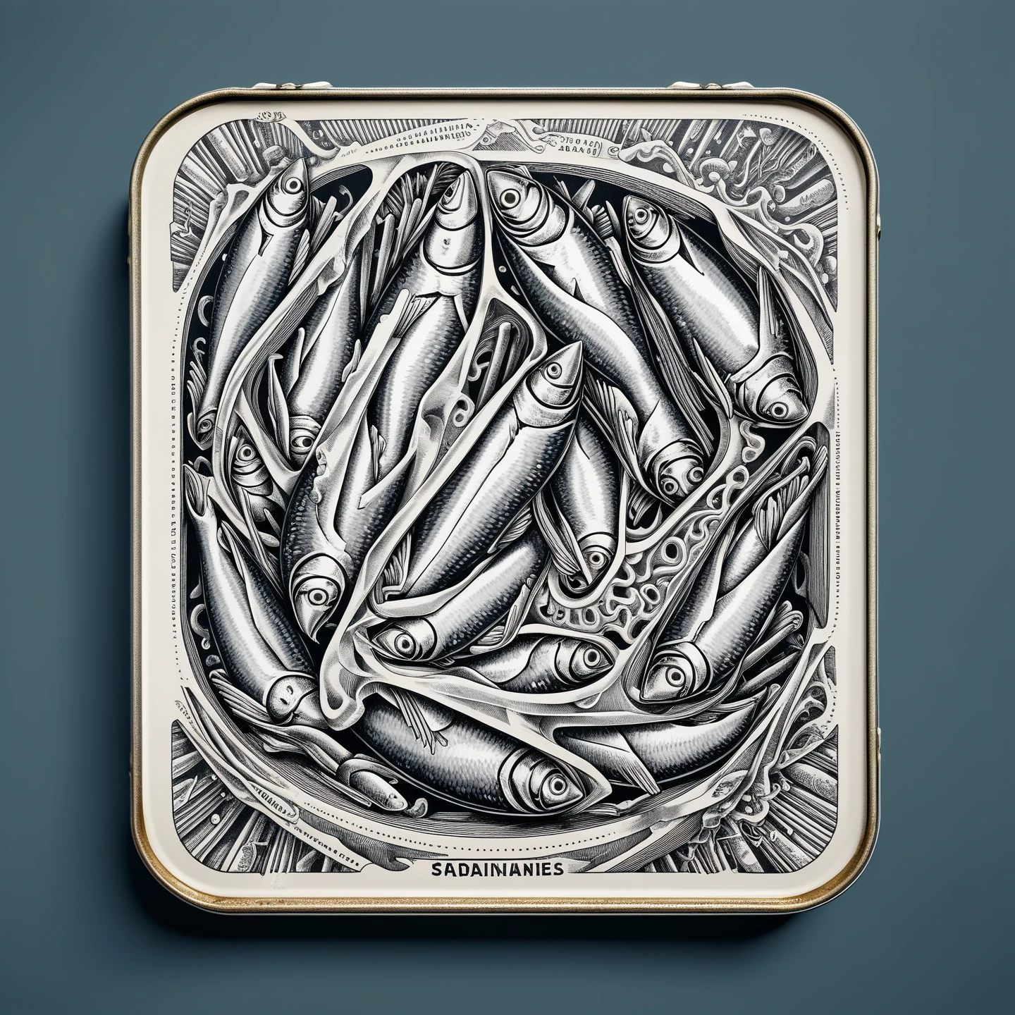 Sardines tin isometric view, prison tattoo, retro, doctor, lineart, negative space, abstract, intricate