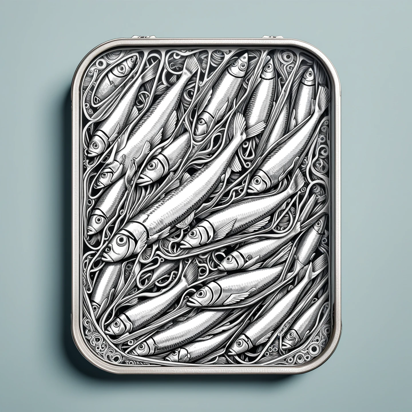 Sardines tin isometric view, prison tattoo, retro, doctor, lineart, negative space, abstract, intricate