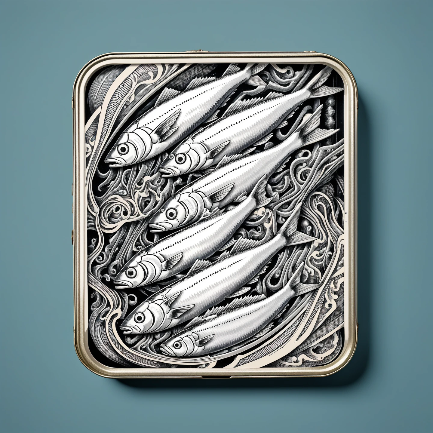 Sardines tin isometric view, prison tattoo, retro, doctor, lineart, negative space, abstract, intricate