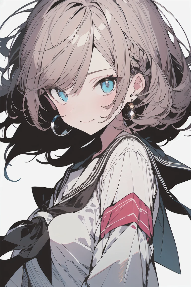 (best quality), (Super detailed), (Best Illustration), (masterpiece), score_9, score_8_up, score_7_up, 4k, high contrast, upper body, (1woman), (solo:1.2),{(white serafuku)}, (large breasts:1.2), {brown hair, (sideburns), (bob cut:1.3), curly hair, hairs between eyes, colored inner hair}, {(detailed eyes), blue eyes}, earring, light smile, wind, sky,