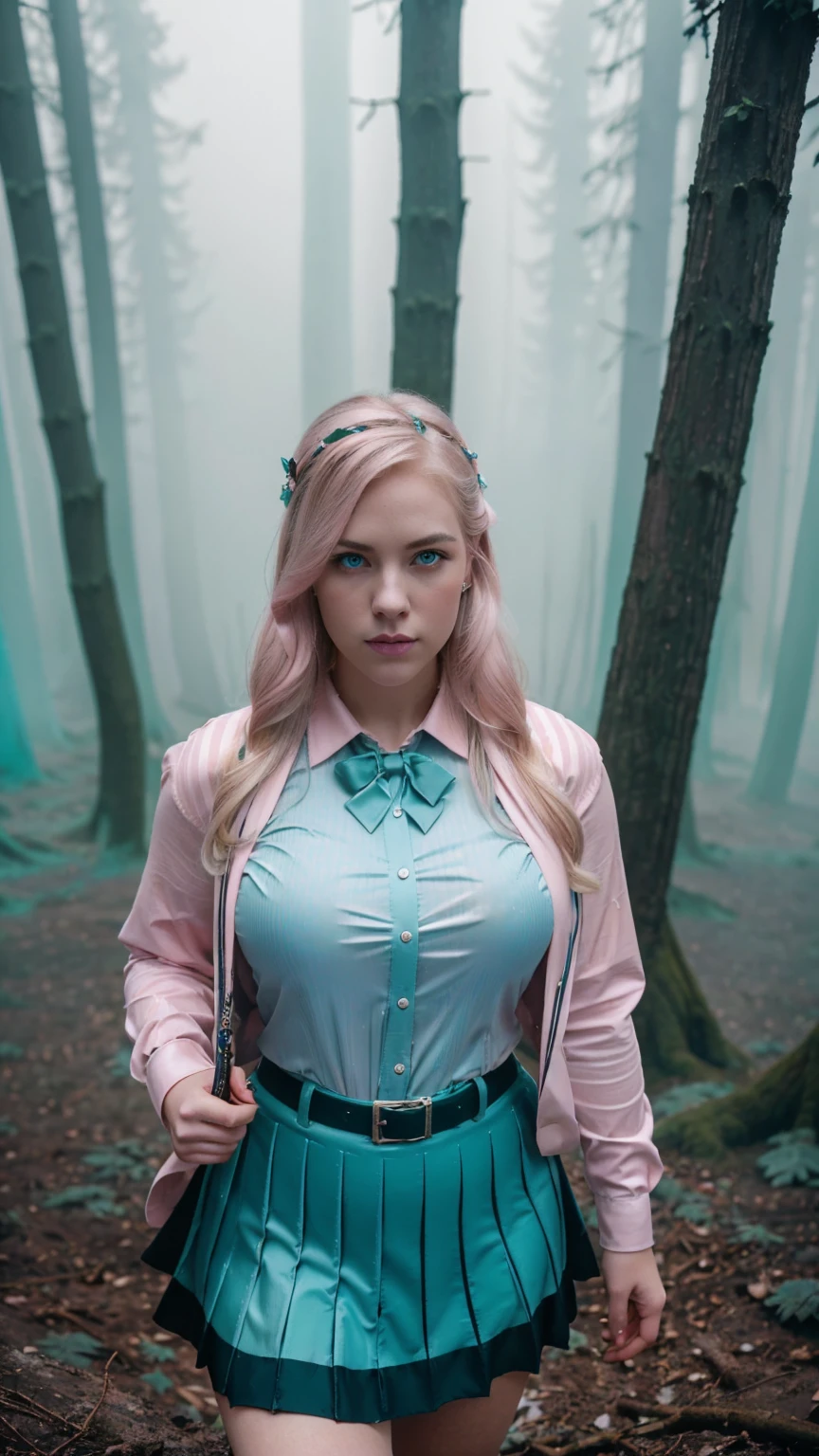 Analog photography featuring a melancholic American adult model (Ivy Snow) amidst the shadows of a dimlit mountain at night, blonde curvy-girl (18yo, Smokey eyes, very pale skin(PORCELAIN SKIN), large breasts, tightened thighs, huge ass, Chubby blonde-girl)-Bold pink-lips, a largered-ribbon-bow(tied her raven-blonde hair), Pout face expression. 

Her bright blue-eyes(piercing through the darkness). 


((Ivy Snow commands attention in a colleague uniform(with a candy cane striped shirt, badge, and matching skirt), creating a unique and festive authoritative look)).She is shown standing all in CANDID and relaxed poses, and holding a plastic-bag, 

 In a forest shrouded in mystery(the blonde woman stands amidst ancient trees), their branches reaching towards the sky). The photograph captures the cold of the frost forest(with mist, foggy),Sad atmosphere and the sense that something oppressive is about to unfold. A haze and a soft focus on the background enhance the quality of the image (((iMAGE in a MONOCHROME(PINK/teal)-colors palette theme)))-adding a surreal touch to the Lovecraftian, (backlighting), (depressive colors), faded film, desaturated colors, 70mm photo, grainy, vignette, vintage, Kodachrome, Lomography, Horror movie effects. vignette, high budget, bokeh, epic, Inspiration from the writings of H.P. Lovecraft. ((from the above view))