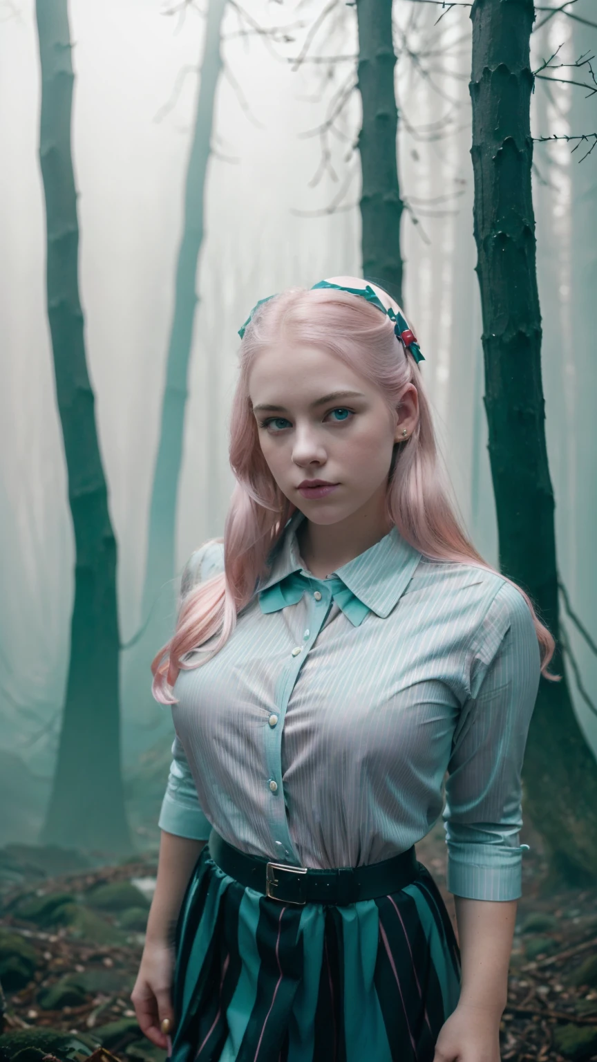 Analog photography featuring a melancholic American adult model (Ivy Snow) amidst the shadows of a dimlit mountain at night, blonde curvy-girl (18yo, Smokey eyes, very pale skin(PORCELAIN SKIN), large breasts, tightened thighs, huge ass, Chubby blonde-girl)-Bold pink-lips, a largered-ribbon-bow(tied her raven-blonde hair), Pout face expression.
Her bright blue-eyes(piercing through the darkness).
((Ivy Snow commands attention in a colleague uniform(with a candy cane striped shirt, badge, and matching skirt), creating a unique and festive authoritative look)).She is shown standing all in CANDID and relaxed poses, and holding a plastic-bag,
In a forest shrouded in mystery(the blonde woman stands amidst ancient trees), their branches reaching towards the sky). The photograph captures the cold of the frost forest(with mist, foggy),Sad atmosphere and the sense that something oppressive is about to unfold. A haze and a soft focus on the background enhance the quality of the image (((iMAGE in a MONOCHROME(PINK/teal)-colors palette theme)))-adding a surreal touch to the Lovecraftian, (backlighting), (depressive colors), faded film, desaturated colors, 70mm photo, grainy, vignette, vintage, Kodachrome, Lomography, Horror movie effects. vignette, high budget, bokeh, epic, Inspiration from the writings of H.P. Lovecraft. ((from the above view))