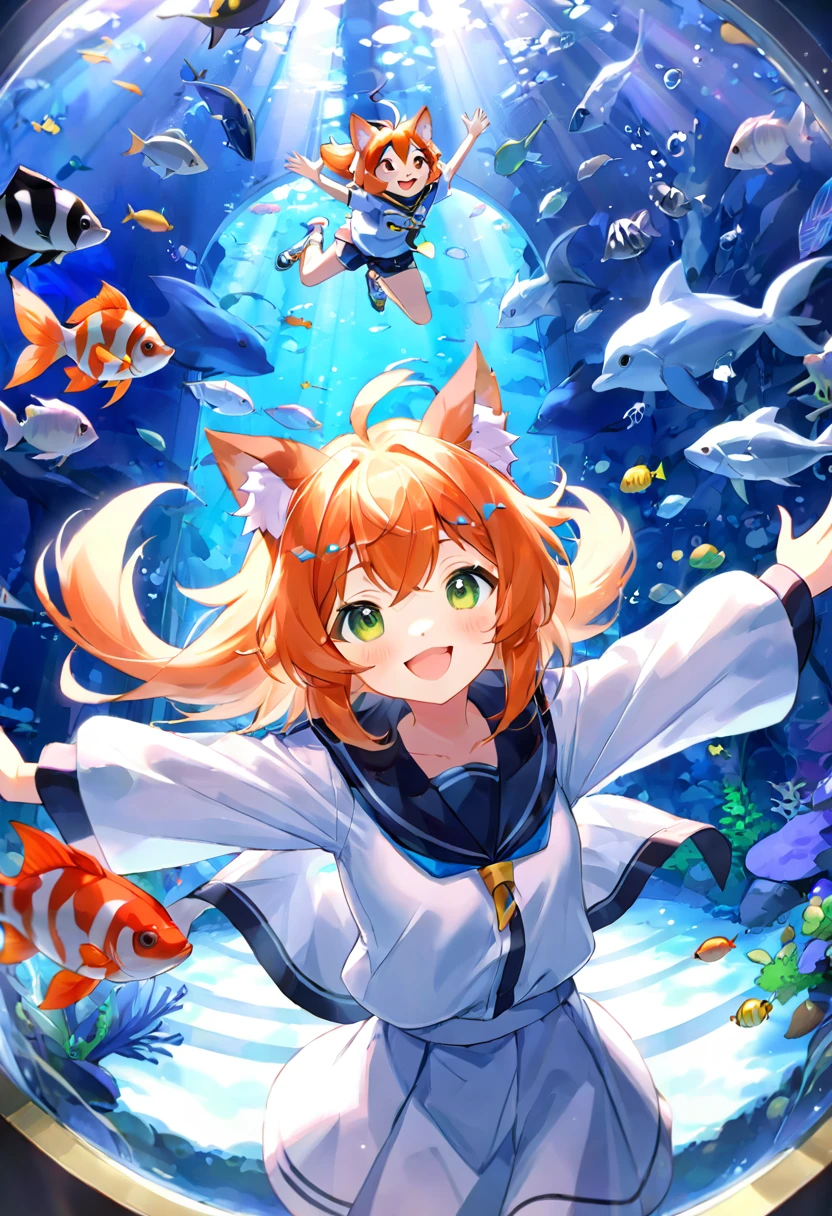 super high resolution, detailed background, aquarium, boy, girl, Happy, joyful, absurdres(Photos of solo travelers)(kemono, furry anthro),