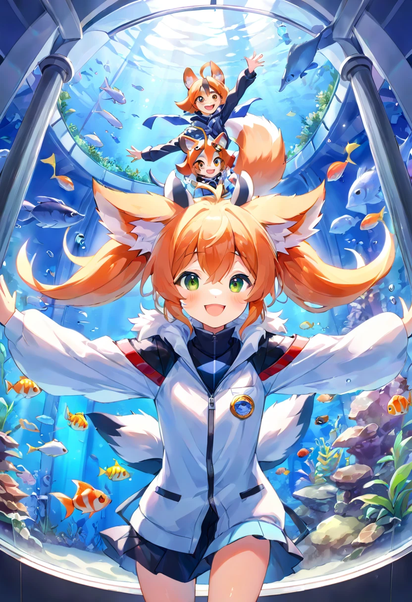 super high resolution, detailed background, aquarium, boy, girl, Happy, joyful, absurdres(Photos of solo travelers)(kemono, furry anthro),