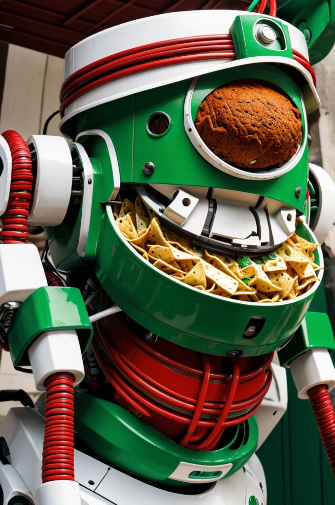 A realistic robot with cables on the outside with a green Mexican hat,white and red eating green chilaquiles