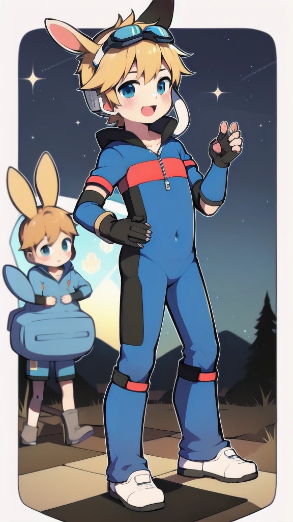 ((A young boy))，(Youthful feeling)，One-piece mountaineering suit，Goggles，Fingerless gloves，Cotton socks，Short sleeve，stand up，happy，Rabbit ears，Rabbit Tail