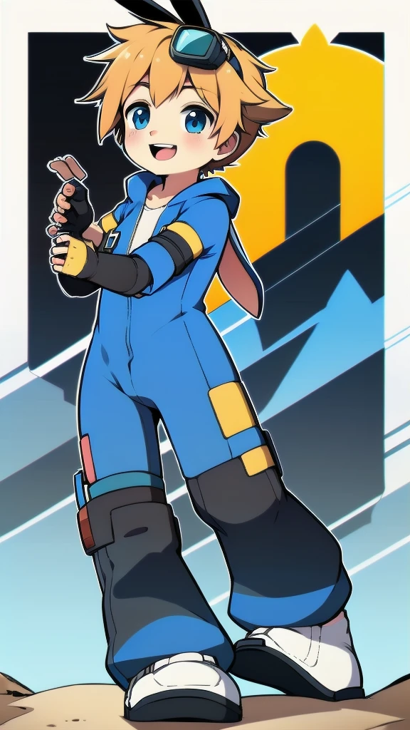 ((A young boy)),(Youthful feeling),One-piece mountaineering suit,Goggles,Fingerless gloves,Cotton socks,Short sleeve,stand up,happy,Rabbit ears,Rabbit Tail