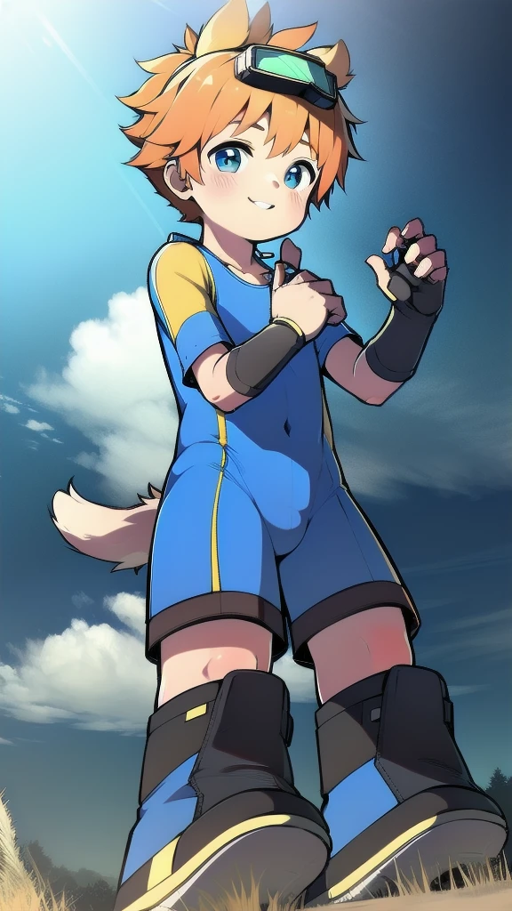 ((A young boy))，(Youthful feeling)，One-piece mountaineering suit，Goggles，Fingerless gloves，Cotton socks，Short sleeve，stand up，happy，Rabbit ears，Rabbit Tail
