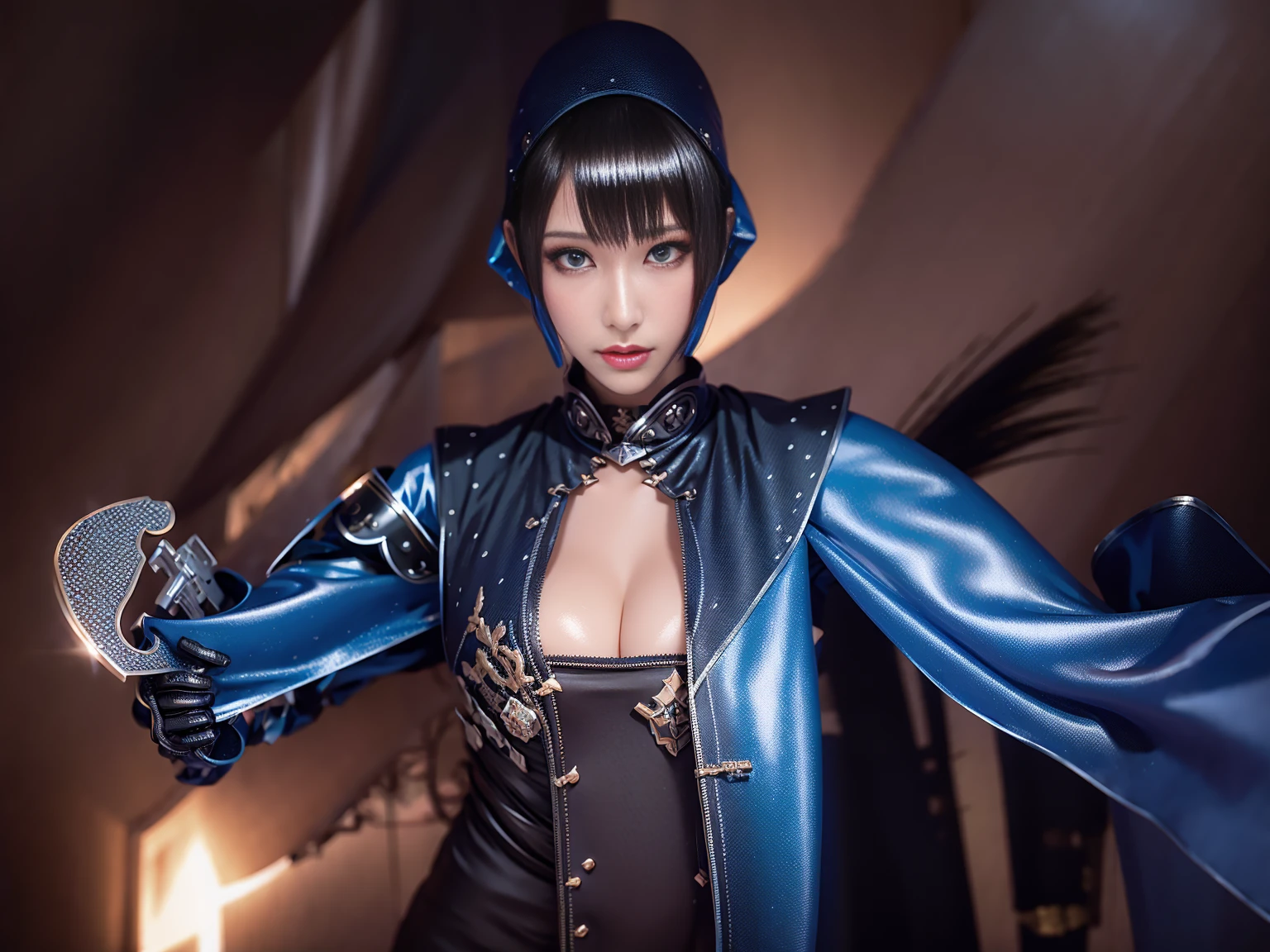 Super Detail, High Detail, high quality, best quality, High resolution,a robot valkyrie,Beautiful female robot,beautiful clear face(Rain waves_haneame:1.5)(Transparent face mask covering),Mechanical body(Smooth metal surface,armor,Mechanical seams of skin,beautiful body curves),Valkyrie Armor(Mechanical Technology,Highlight breast contour),beautiful body curves,Holding a silver sword in hand,handsome pose